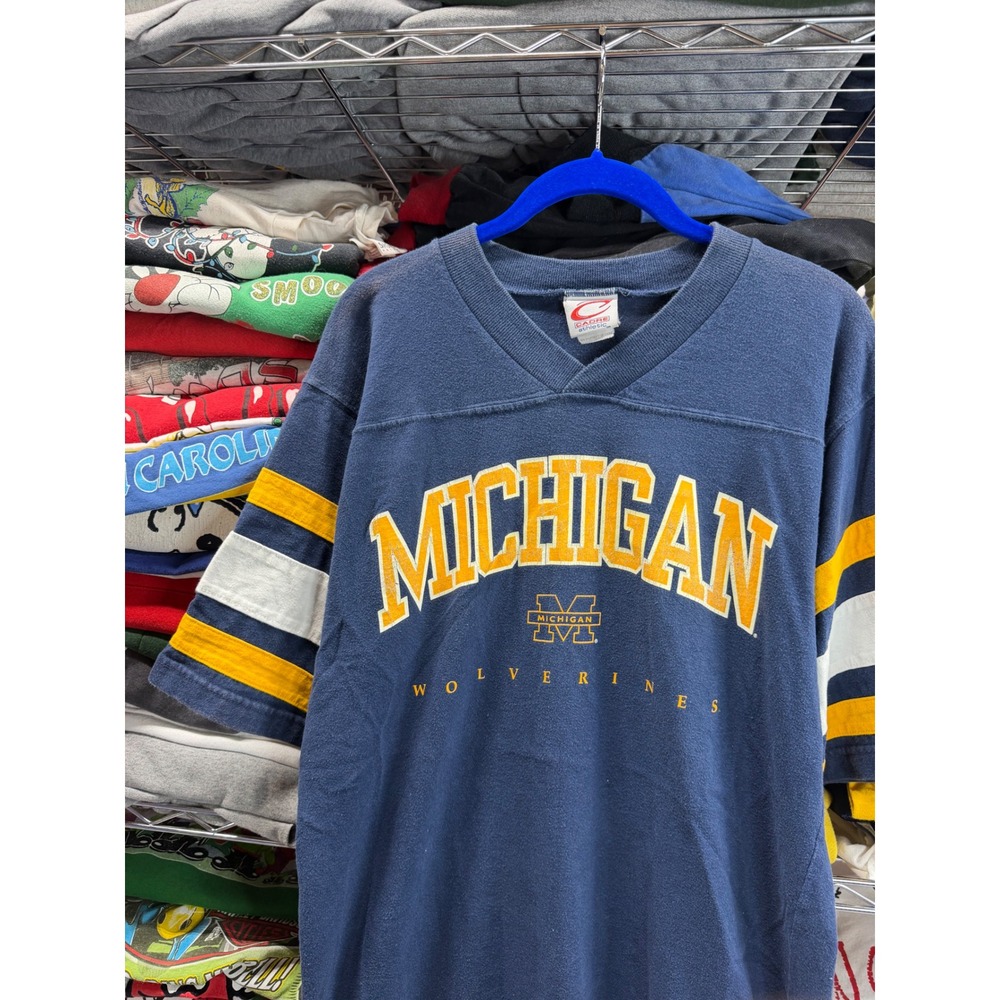 Vintage Michigan Wolverines Cadre Athletic Jersey T-Shirt Navy Blue Mens Large